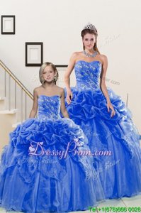 Comfortable Sleeveless Floor Length Beading and Pick Ups Lace Up Ball Gown Prom Dress with Blue