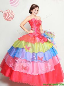 Fitting Multi-color Ball Gowns Organza Strapless Sleeveless Appliques and Ruffled Layers Floor Length Lace Up Quinceanera Gown