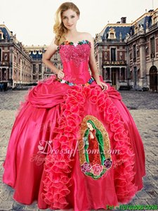 Free and Easy Coral Red Sleeveless Beading and Appliques and Ruffles Floor Length 15th Birthday Dress