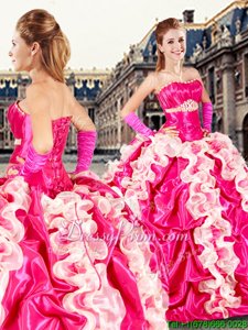 Spectacular Hot Pink and Champagne Quince Ball Gowns Military Ball and Sweet 16 and Quinceanera and For withBeading and Ruffles and Pick Ups Strapless Sleeveless Lace Up