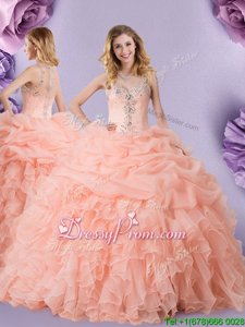 Glittering Peach Ball Gowns Beading and Ruffles and Pick Ups 15th Birthday Dress Zipper Organza Sleeveless Floor Length