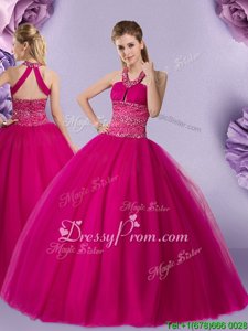 Amazing Halter Top Sleeveless Lace Up Sweet 16 Dress Fuchsia Tulle