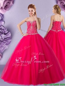 High Quality Ball Gowns Quinceanera Dress Hot Pink Sweetheart Tulle Sleeveless Floor Length Lace Up