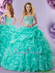 Stylish Sleeveless Floor Length Beading and Ruffles and Pick Ups Lace Up 15th Birthday Dress with Turquoise