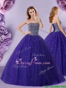 Nice Purple Lace Up Sweet 16 Dress Beading Sleeveless Floor Length