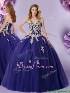 Gorgeous Navy Blue Ball Gowns Sweetheart Sleeveless Tulle Floor Length Lace Up Beading Sweet 16 Dresses