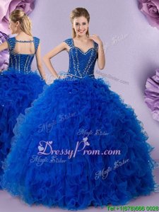 Unique Tulle Straps Cap Sleeves Lace Up Beading and Ruffles Quinceanera Gowns inRoyal Blue
