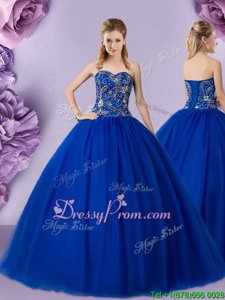 Fancy Royal Blue Ball Gowns Tulle Sweetheart Sleeveless Beading Floor Length Lace Up Quince Ball Gowns