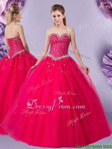 Superior Ball Gowns Quince Ball Gowns Coral Red Sweetheart Tulle Sleeveless Floor Length Lace Up