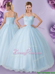 Top Selling Floor Length Light Blue Quinceanera Gowns Tulle Sleeveless Spring and Summer and Fall and Winter Appliques