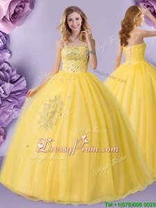 Eye-catching Yellow Tulle Lace Up Strapless Sleeveless Floor Length Quinceanera Gown Beading