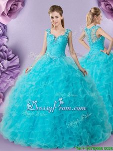Glamorous Baby Blue Zipper Straps Beading and Ruffles 15 Quinceanera Dress Tulle Sleeveless