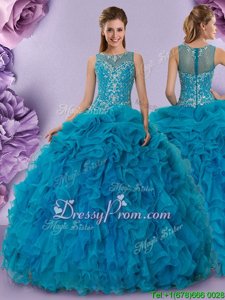 Graceful Scoop Sleeveless Sweet 16 Quinceanera Dress Floor Length Beading and Ruffles Baby Blue Organza