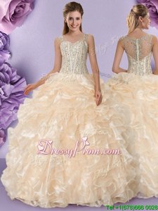 Fantastic Straps Sleeveless 15th Birthday Dress Floor Length Beading and Ruffles Champagne Organza