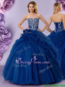 Royal Blue Sleeveless Beading and Ruffles and Hand Made Flower Floor Length 15 Quinceanera Dress