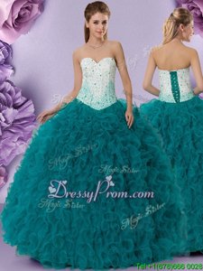 Excellent Teal Tulle Lace Up Sweetheart Sleeveless Floor Length Sweet 16 Dresses Beading and Ruffles