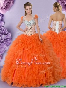 Shining Floor Length Lace Up Quinceanera Dresses Orange and In forMilitary Ball and Sweet 16 and Quinceanera withBeading and Ruffles