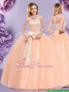 Designer Sweetheart Sleeveless Sweet 16 Quinceanera Dress Floor Length Beading and Bowknot Peach Tulle