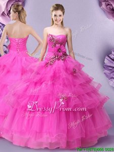 Glamorous Hot Pink Lace Up Sweetheart Appliques and Ruffled Layers and Hand Made Flower Ball Gown Prom Dress Tulle Sleeveless
