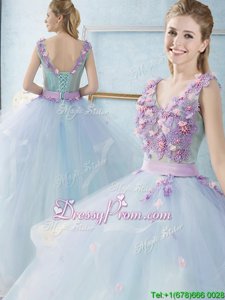 Pretty Floor Length Lace Up Sweet 16 Dresses Light Blue and In forMilitary Ball and Sweet 16 and Quinceanera withAppliques and Ruffles