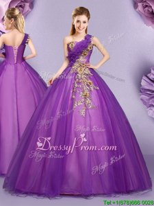 Sexy Floor Length Purple Sweet 16 Dress One Shoulder Sleeveless Lace Up