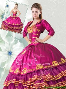 Flare Sleeveless Floor Length Embroidery and Ruffled Layers Lace Up Sweet 16 Quinceanera Dress with Fuchsia