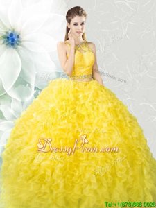Beautiful Yellow Zipper Ball Gown Prom Dress Beading and Ruffles Sleeveless Floor Length