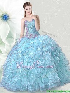 New Arrival Light Blue Sleeveless Organza Lace Up Quinceanera Dresses forMilitary Ball and Sweet 16 and Quinceanera
