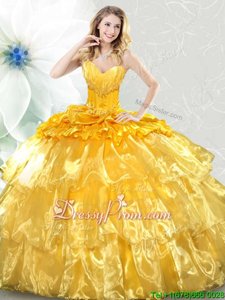 Noble Ruffled Layers and Sequins Ball Gown Prom Dress Yellow Lace Up Sleeveless