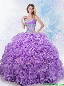 Lovely Lavender Sleeveless Beading and Ruffles Floor Length Quinceanera Gown