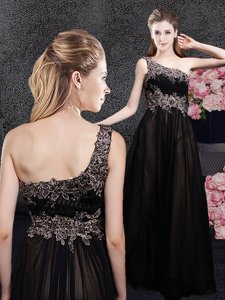 Fancy One Shoulder Floor Length Empire Sleeveless Black Prom Dresses Side Zipper