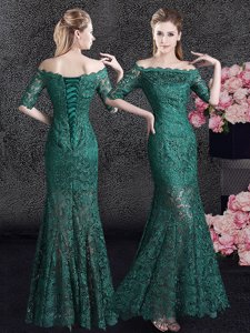 Mermaid Scalloped Half Sleeves Floor Length Lace Lace Up Prom Gown with Dark Green