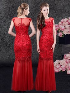 Designer Mermaid Scoop Cap Sleeves Tulle Floor Length Zipper Homecoming Dress in Red for with Lace