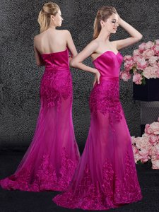 Nice Mermaid Sweetheart Sleeveless Evening Dress Floor Length Sweep Train Lace and Appliques Fuchsia Satin and Tulle