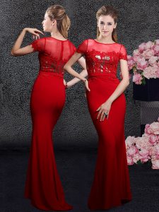 Scoop Short Sleeves With Train Appliques and Sequins Zipper Prom Party Dress with Red Brush Train
