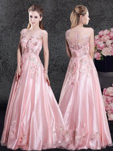 Simple Floor Length Baby Pink Prom Gown Scoop Cap Sleeves Zipper