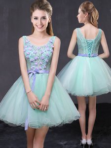 Inexpensive Baby Blue A-line Organza Strapless Sleeveless Appliques and Belt Mini Length Lace Up Prom Party Dress