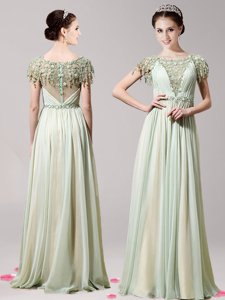 Unique Scoop Apple Green Zipper Prom Party Dress Appliques Short Sleeves Floor Length