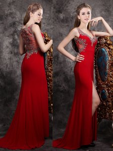 Admirable With Train Red Prom Party Dress Sleeveless Brush Train Zipper