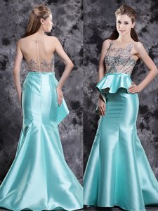 Brush Train Mermaid Homecoming Dress Aqua Blue Scoop Satin Sleeveless Zipper