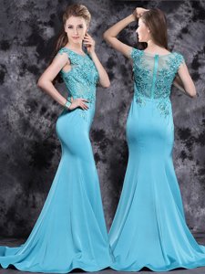 Mermaid Scoop Satin Cap Sleeves With Train Dress for Prom Brush Train and Appliques