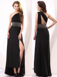 One Shoulder Beading Prom Gown Black Backless Sleeveless Floor Length