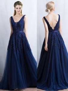 Navy Blue V-neck Neckline Appliques and Belt Prom Evening Gown Sleeveless Backless