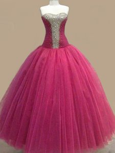 Discount Floor Length Lace Up Prom Gown Fuchsia and In for Prom with Beading