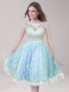 Fantastic Scoop Light Blue Sleeveless Lace Backless Prom Dress for Prom and Party