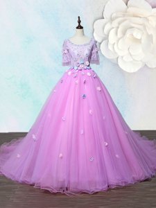 Enchanting Scoop Half Sleeves Court Train Lace Up With Train Beading and Appliques Prom Evening Gown