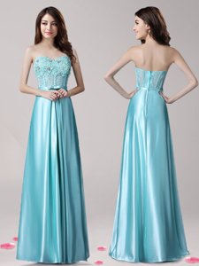 Colorful Aqua Blue Elastic Woven Satin Zipper Sleeveless Floor Length Beading and Appliques and Bowknot