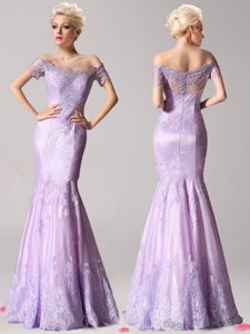 Mermaid Off the Shoulder Lavender Short Sleeves Lace Zipper Prom Dresses for Prom