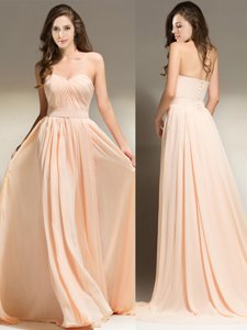 Best Selling Peach Prom Gown Prom and For with Belt Sweetheart Sleeveless Brush Train Clasp Handle