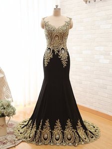 Black Elastic Woven Satin Side Zipper Scoop Sleeveless With Train Prom Party Dress Brush Train Beading and Appliques